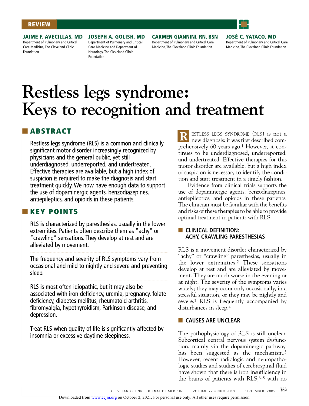 Restless Legs Syndrome: Keys to Recognition and Treatment