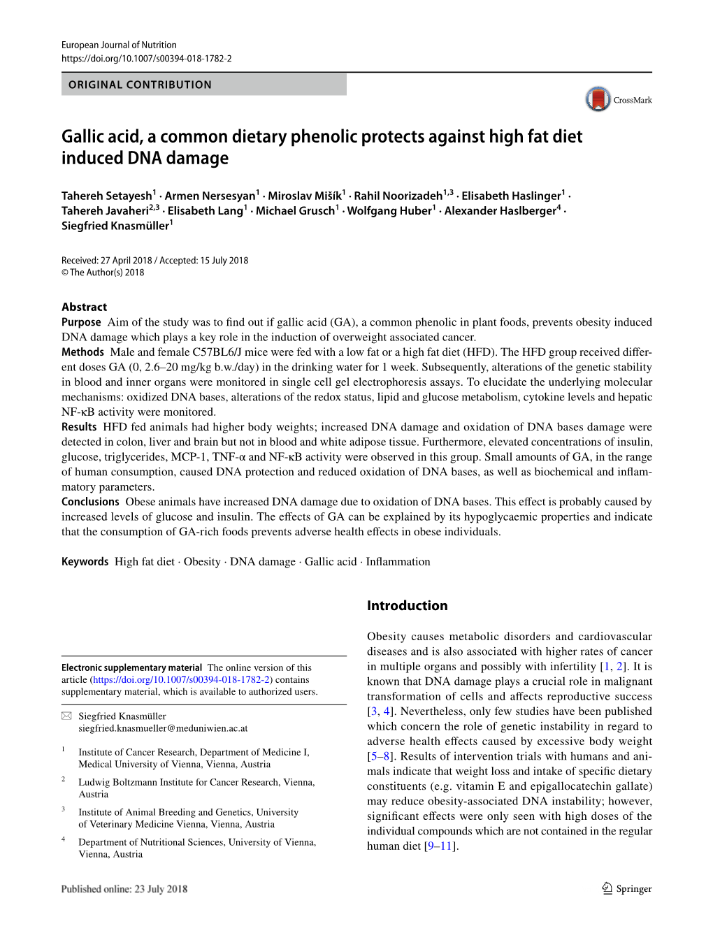 Gallic Acid, a Common Dietary Phenolic Protects Against High Fat Diet Induced DNA Damage