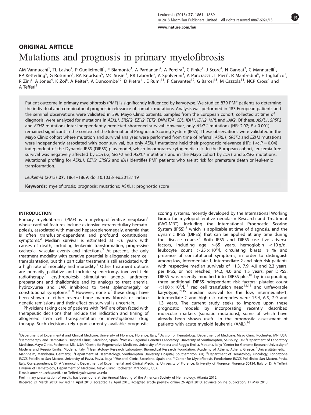 Mutations and Prognosis in Primary Myelofibrosis