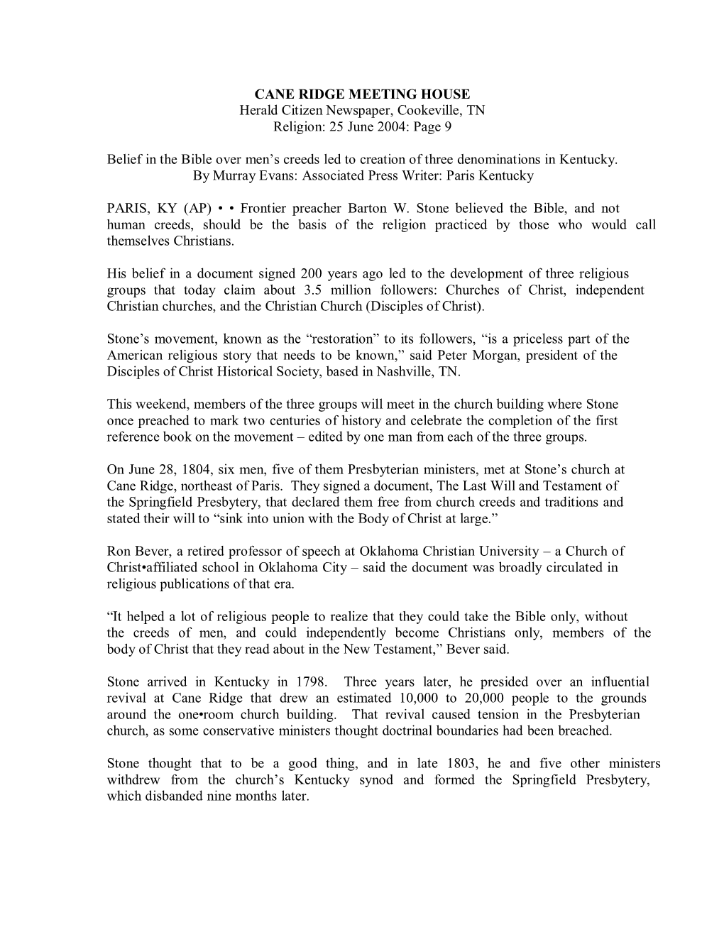 CANE RIDGE MEETING HOUSE Herald Citizen Newspaper, Cookeville, TN Religion: 25 June 2004: Page 9