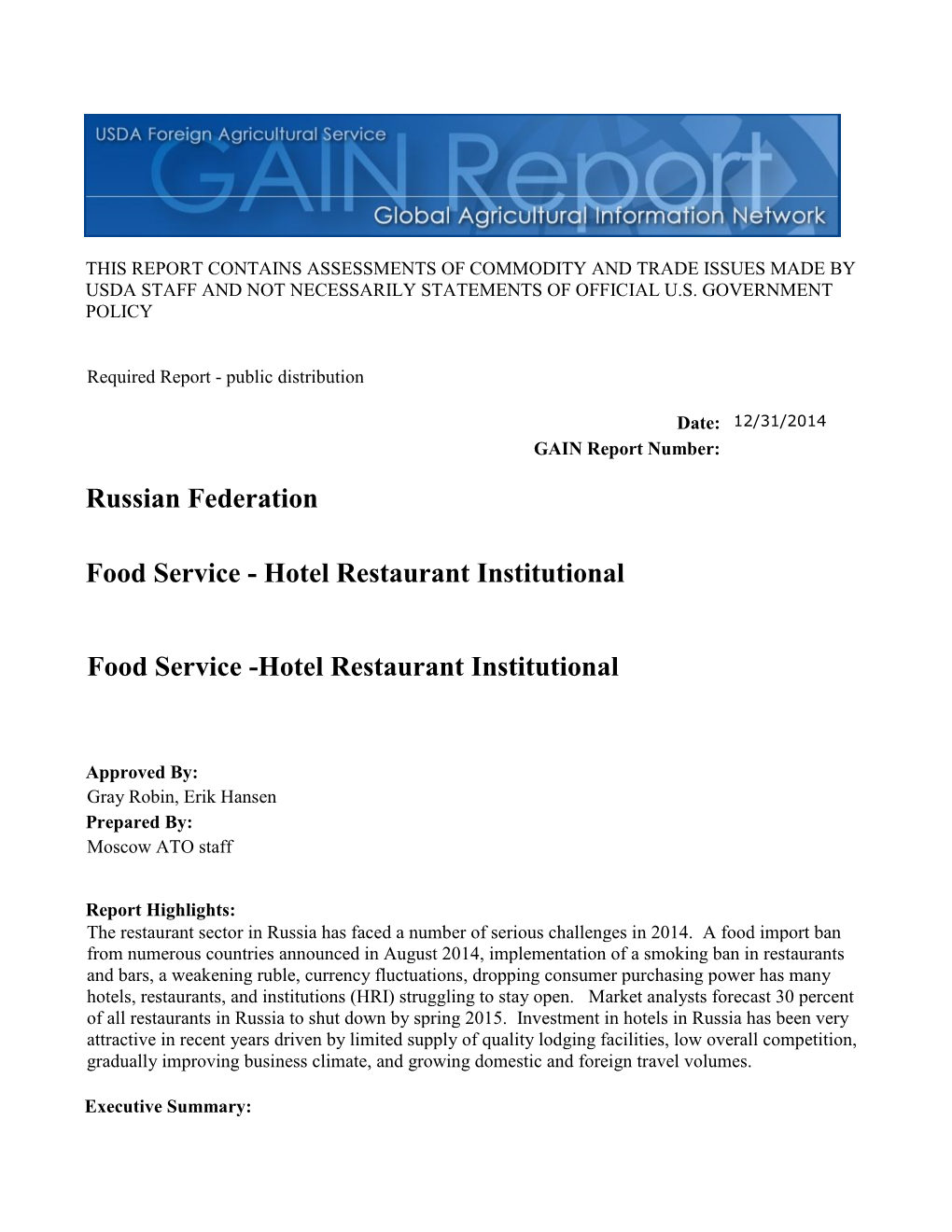 Hotel Restaurant Institutional Russian Federation