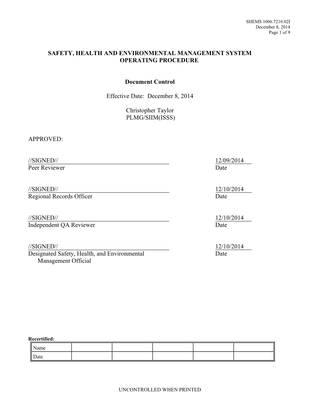 Safety, Health and Environmental Management System Operating Procedure