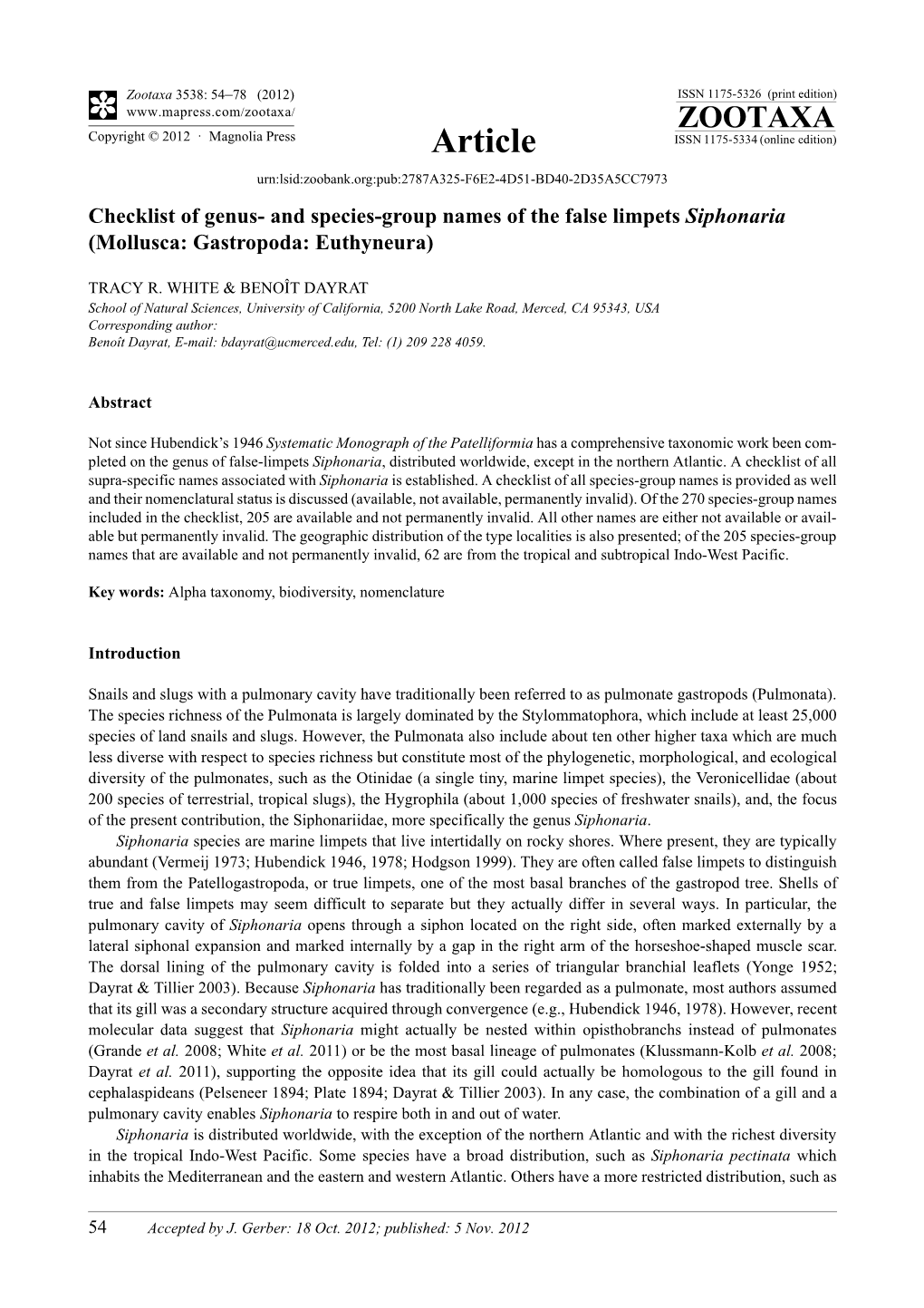 And Species-Group Names of the False Limpets Siphonaria (Mollusca: Gastropoda: Euthyneura)