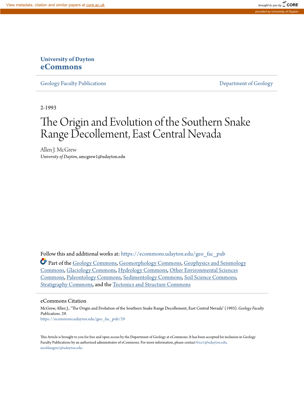 The Origin and Evolution of the Southern Snake Range Decollement, East Central Nevada Allen J