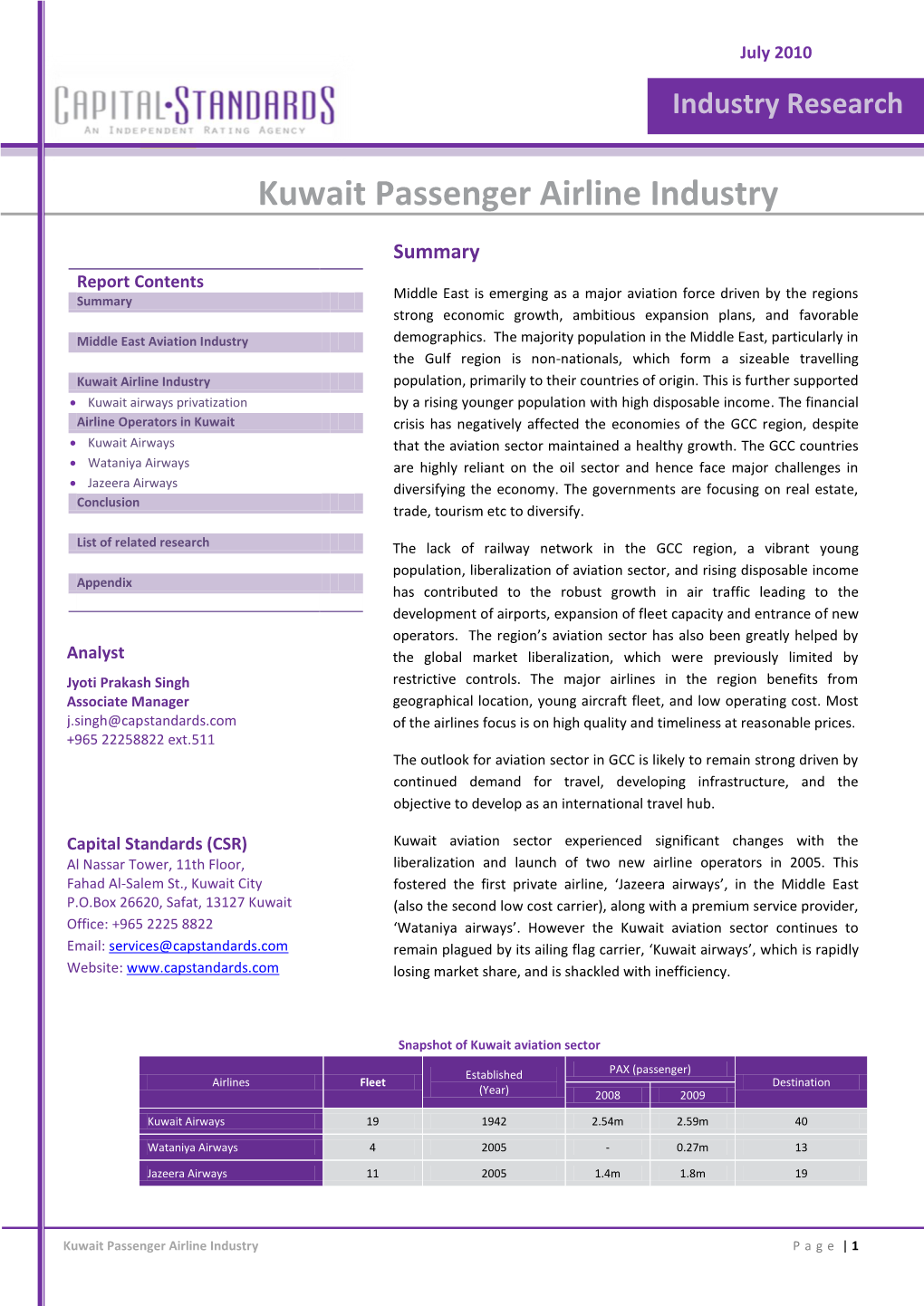 Kuwait Passenger Airline Industry