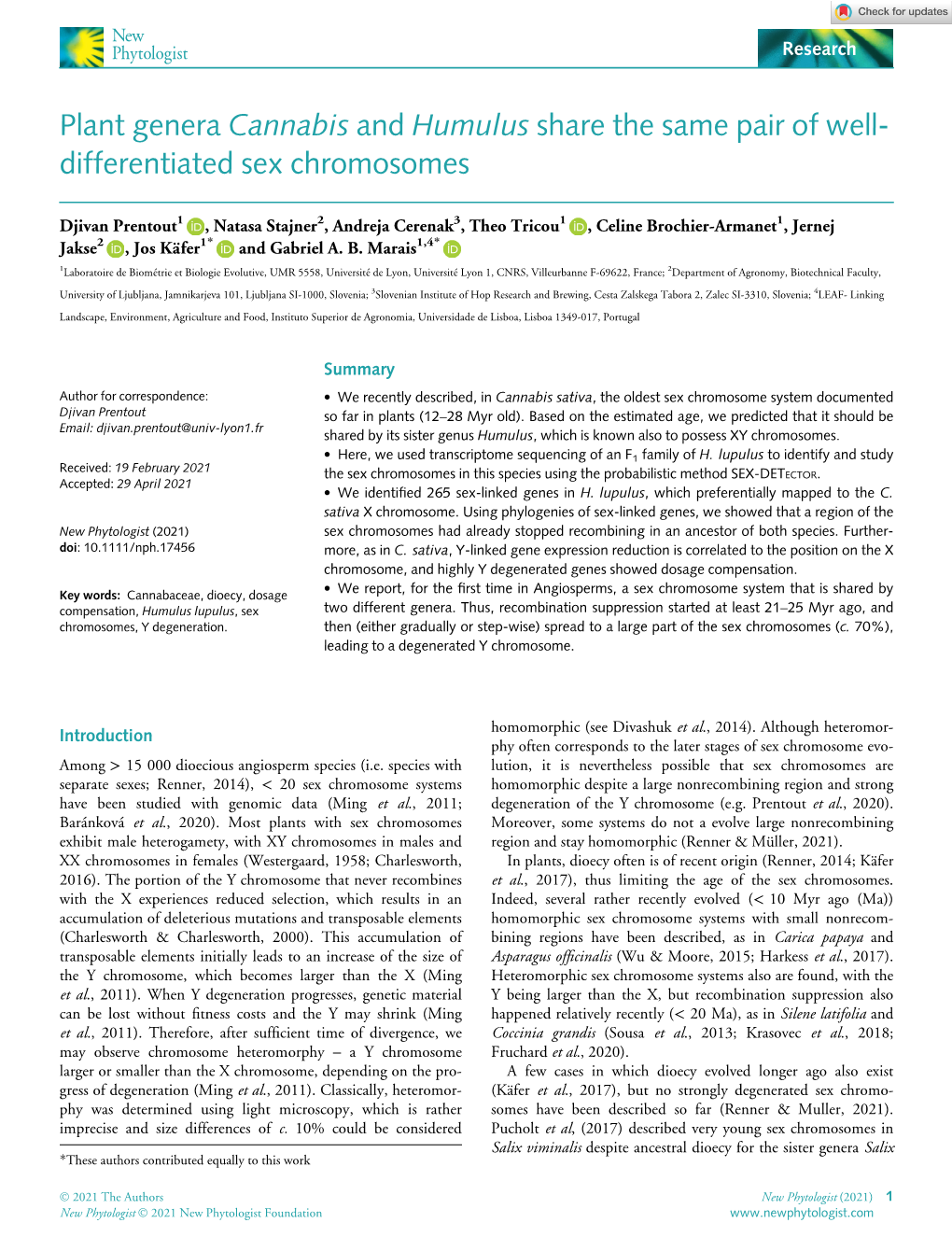 Plant Genera Cannabis and Humulus Share the Same Pair of Well- Differentiated Sex Chromosomes