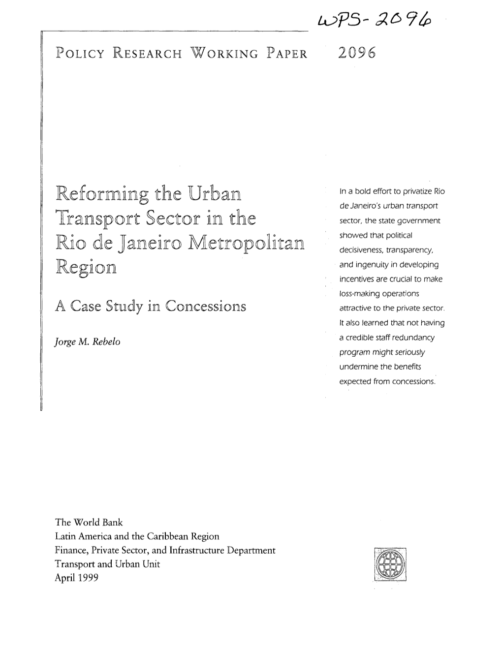 Reforming the Urban Transport Sector in the Rio De Janeiro Metropolitan Region