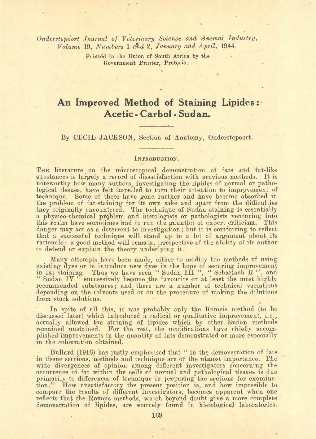 An Improved Method of Staining Lipides : - Acetic- Carbol - Sudan