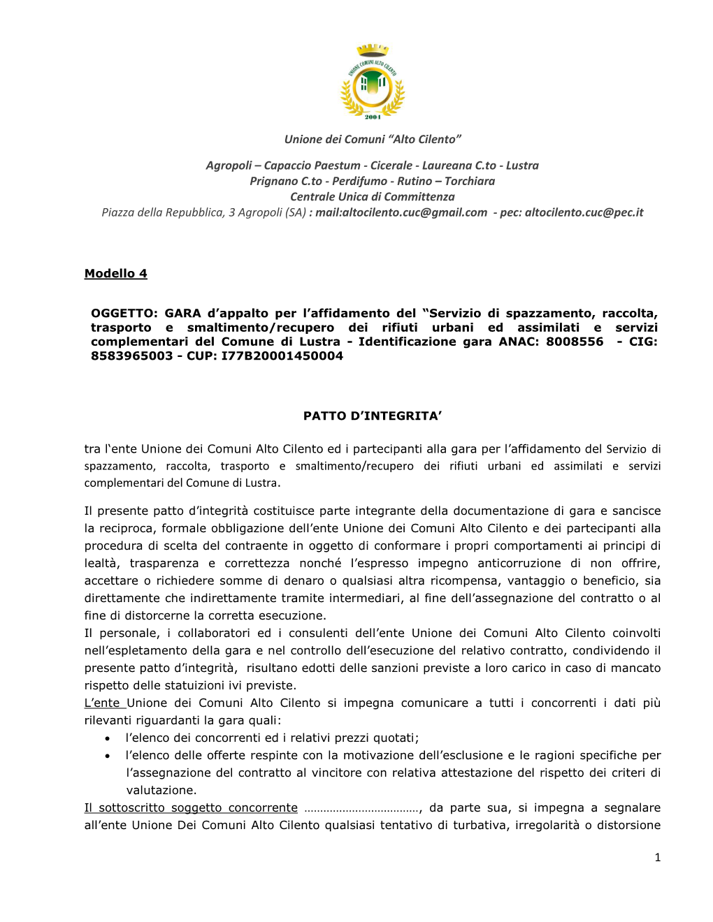 Unione Dei Comuni “Alto Cilento” Agropoli – Capaccio Paestum