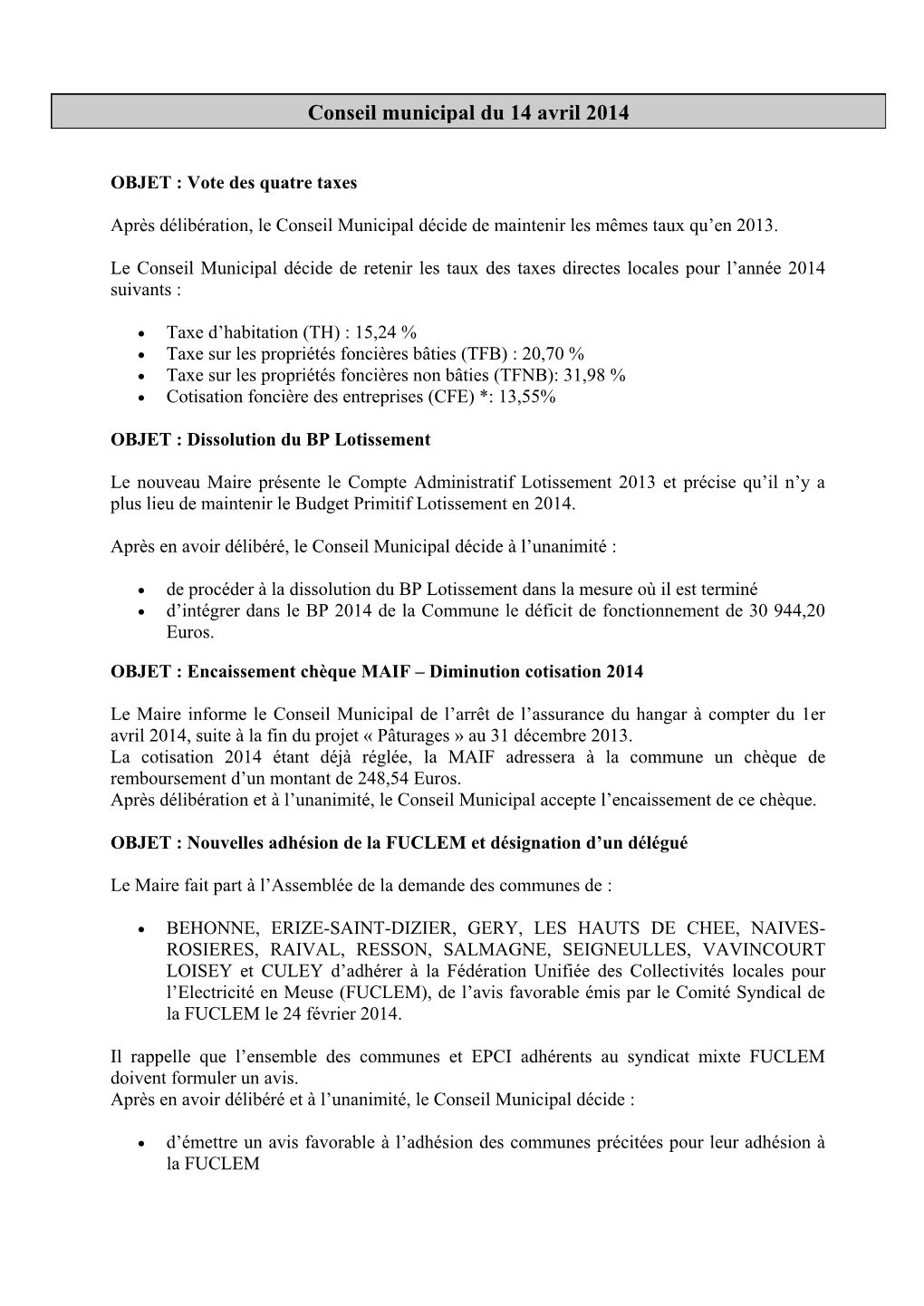 Conseil Municipal Du 14 Avril 2014