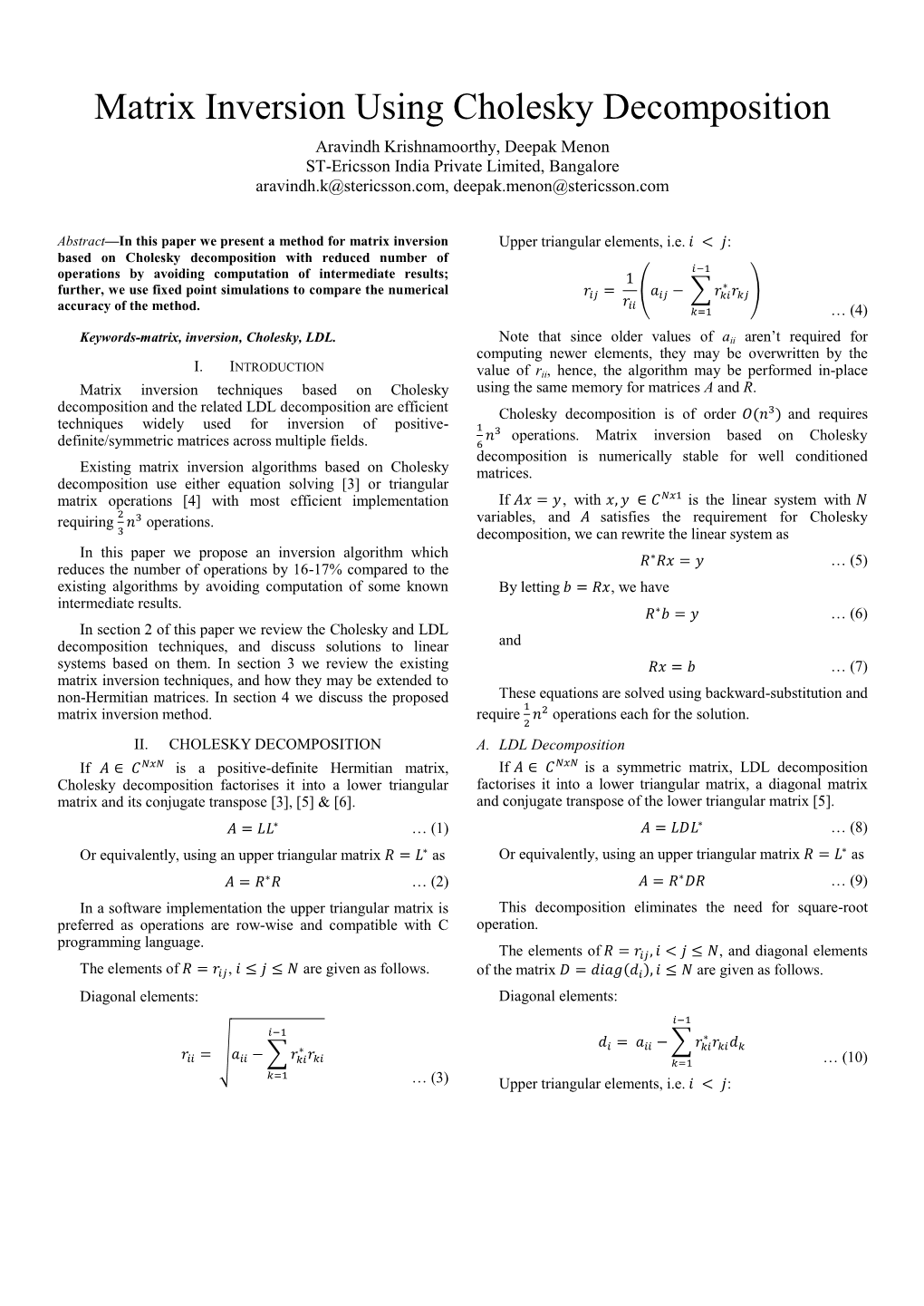 Matrix Inversion Using Cholesky Decomposition