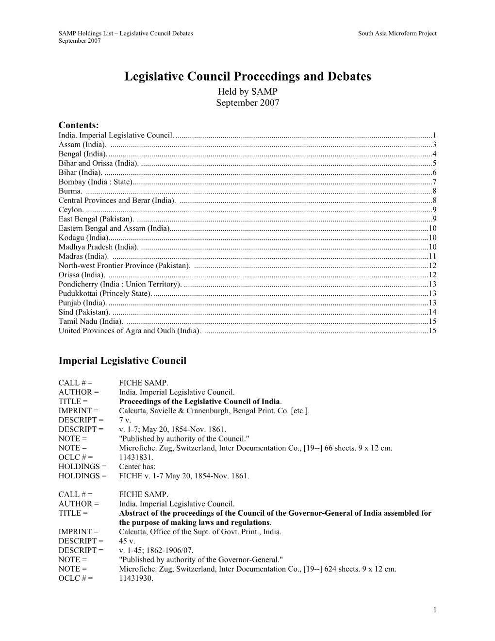 Legislative Council Proceedings and Debates Held by SAMP September 2007