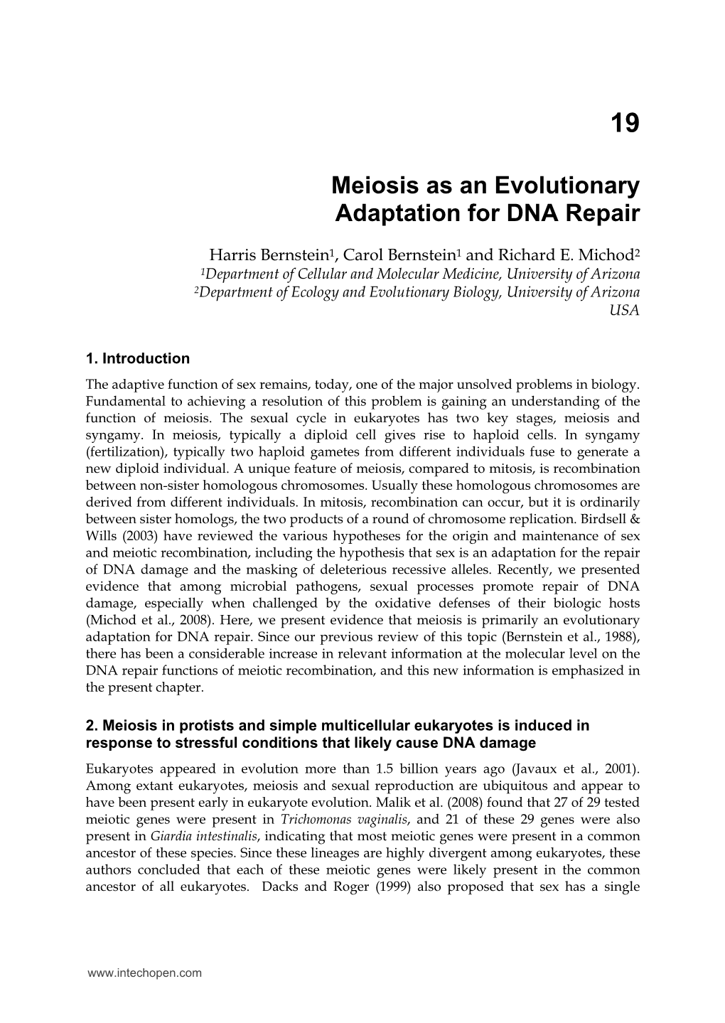 Meiosis As an Evolutionary Adaptation for DNA Repair