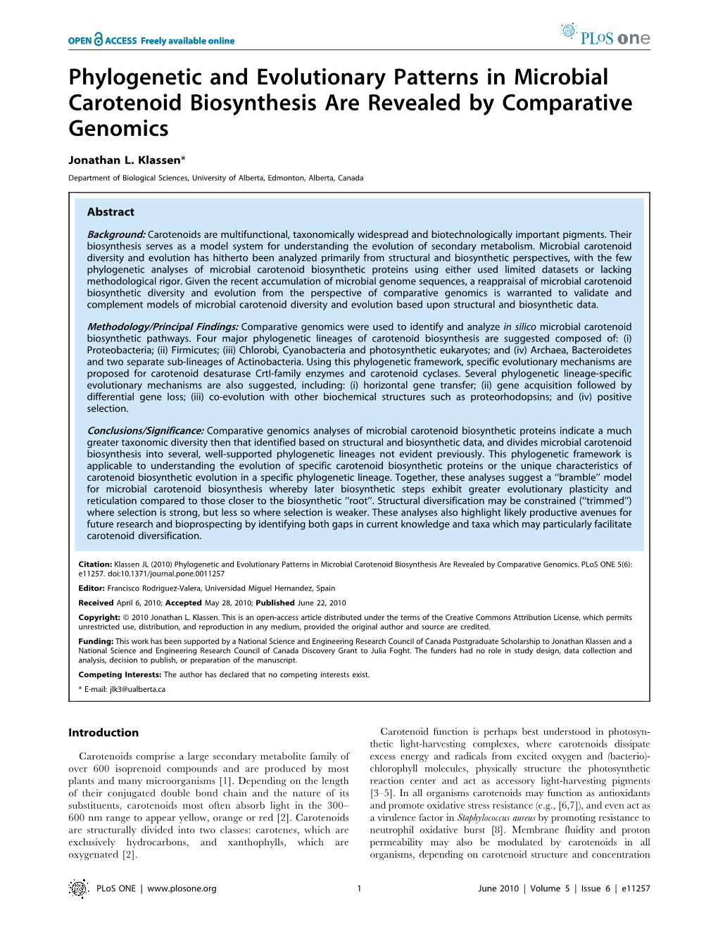 Phylogenetic and Evolutionary Patterns in Microbial Carotenoid Biosynthesis Are Revealed by Comparative Genomics