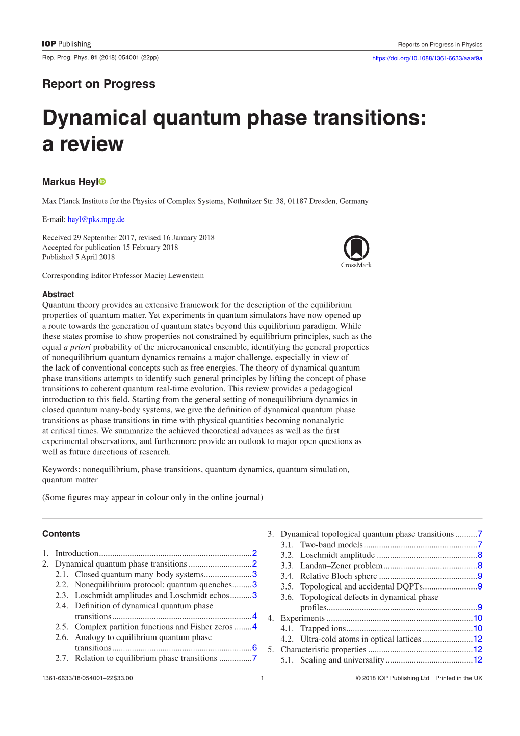 Dynamical Quantum Phase Transitions: © 2018 IOP Publishing Ltd a Review