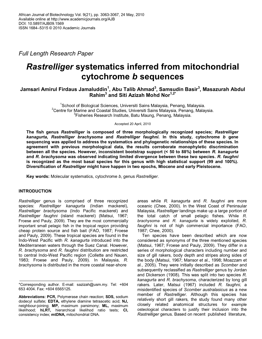 Rastrelliger Systematics Inferred from Mitochondrial Cytochrome B Sequences