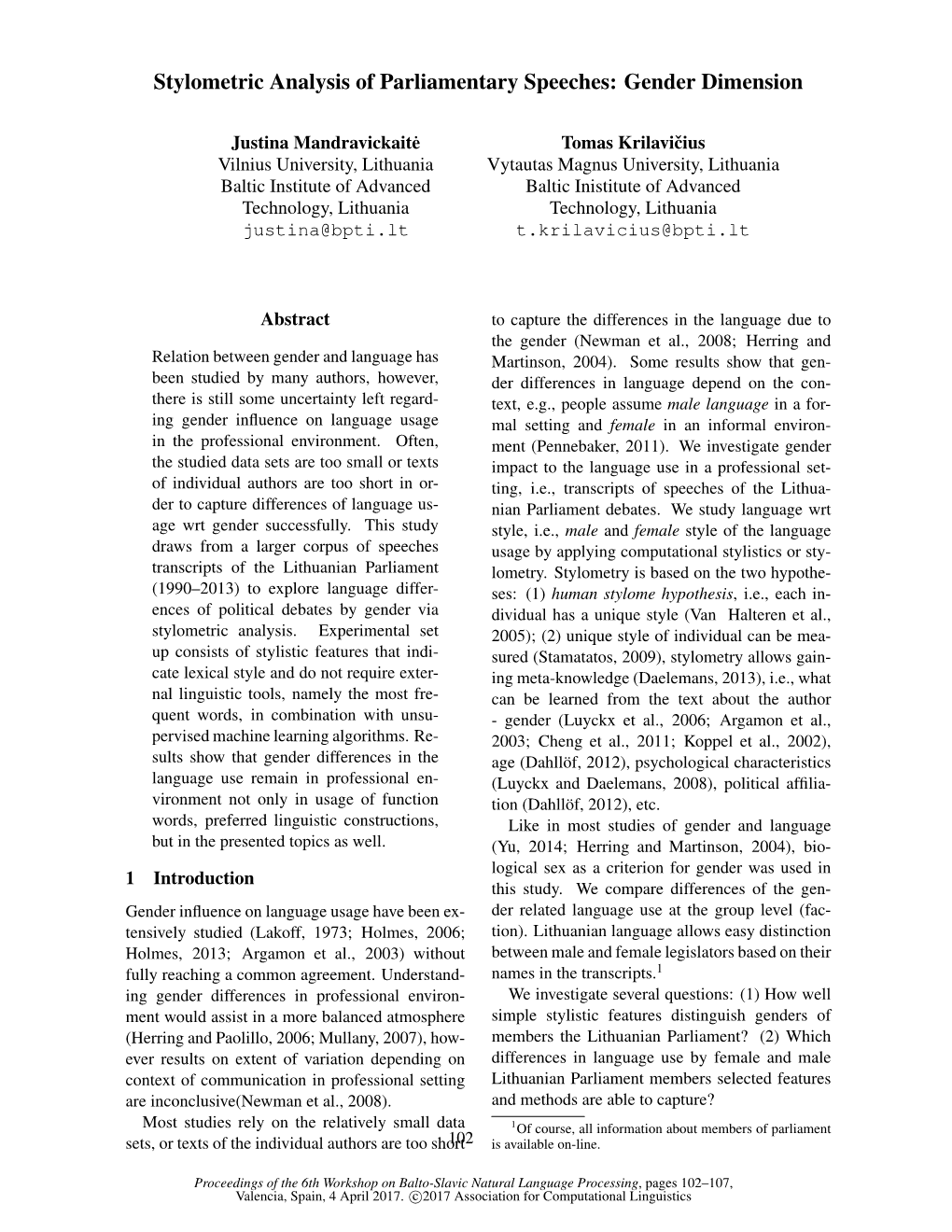 Stylometric Analysis of Parliamentary Speeches: Gender Dimension