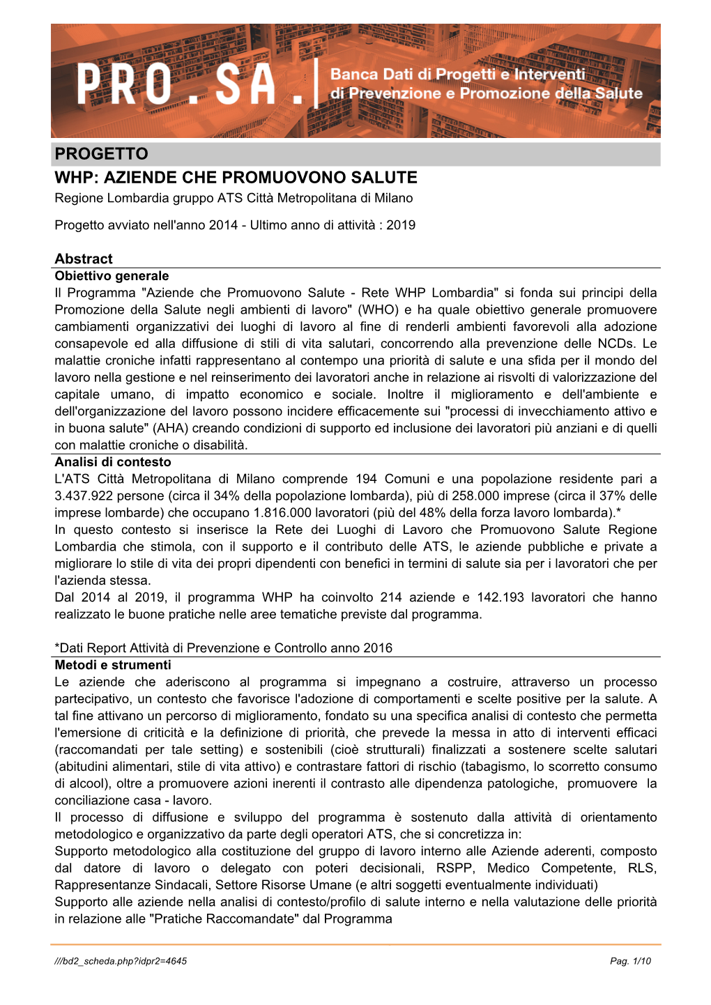 PROGETTO WHP: AZIENDE CHE PROMUOVONO SALUTE Regione Lombardia Gruppo ATS Città Metropolitana Di Milano