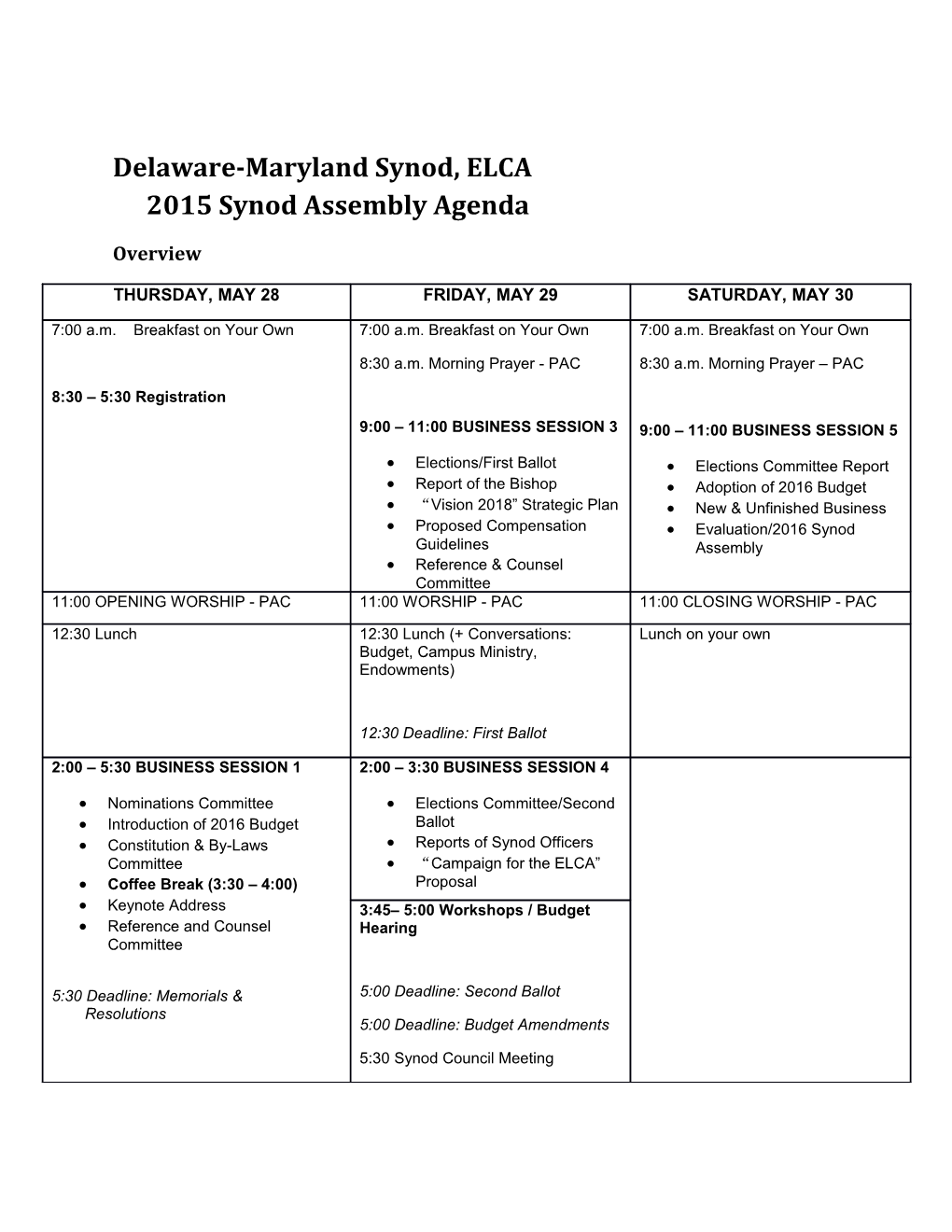 Delaware-Maryland Synod, ELCA 2015 Synod Assembly Agenda