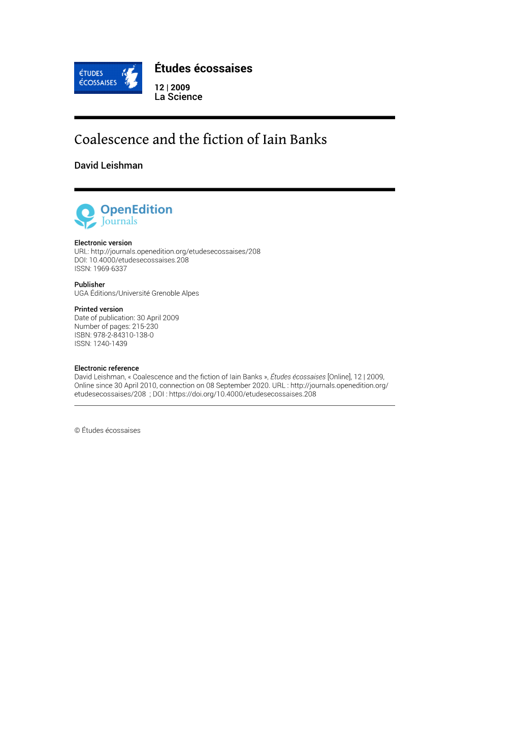 Coalescence and the Fiction of Iain Banks