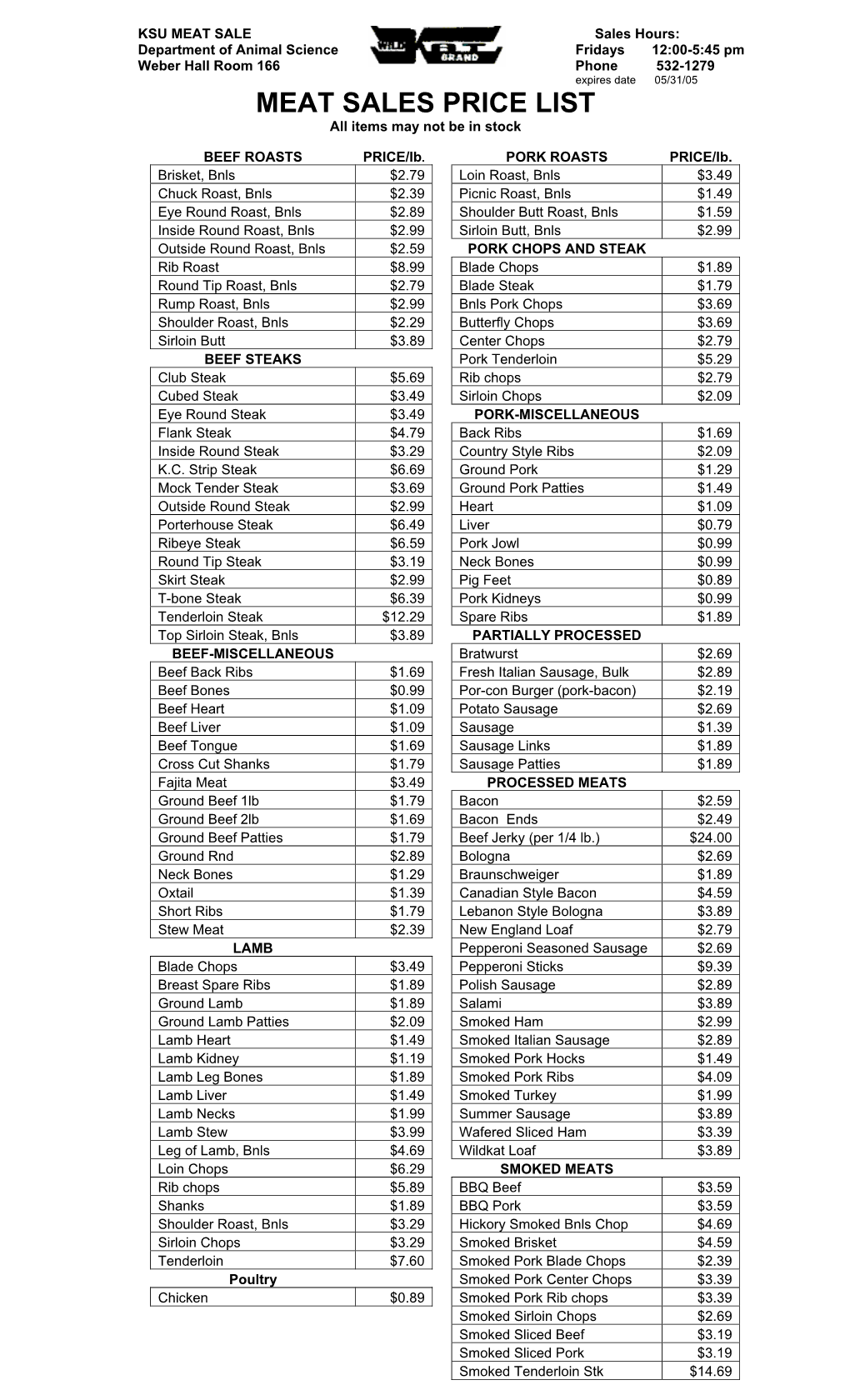 MEAT SALES PRICE LIST All Items May Not Be in Stock