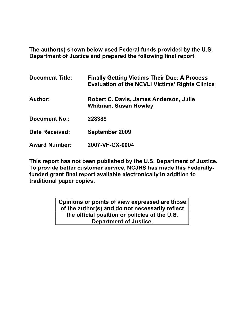 A Process Evaluation of the NCVLI Victims' Rights Clinics