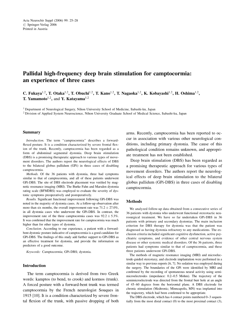 Pallidal High-Frequency Deep Brain Stimulation for Camptocormia: an Experience of Three Cases