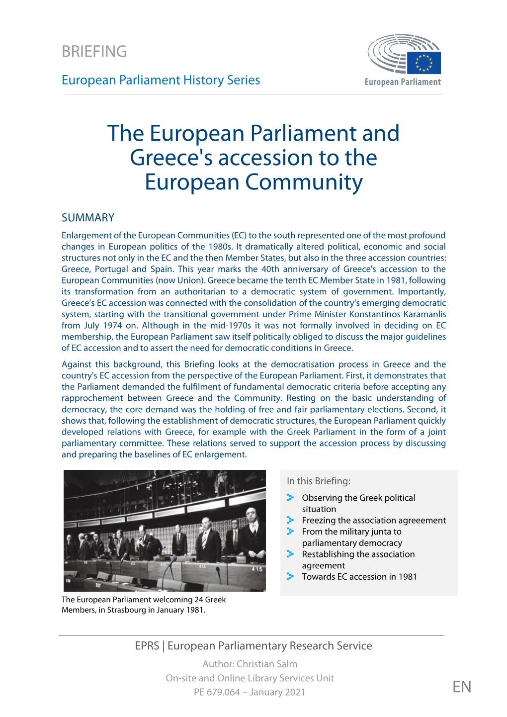 The European Parliament and Greece's Accession to the European Community