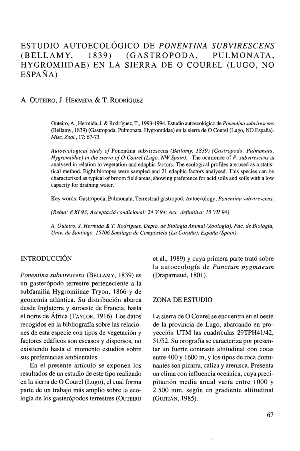 Estudio Autoecol~Gico De Ponentina Subvirescens (Bellamy, 1839) (Gastropoda, Pulmonata, Hygromiidae) En La Sierra De O Courel (L