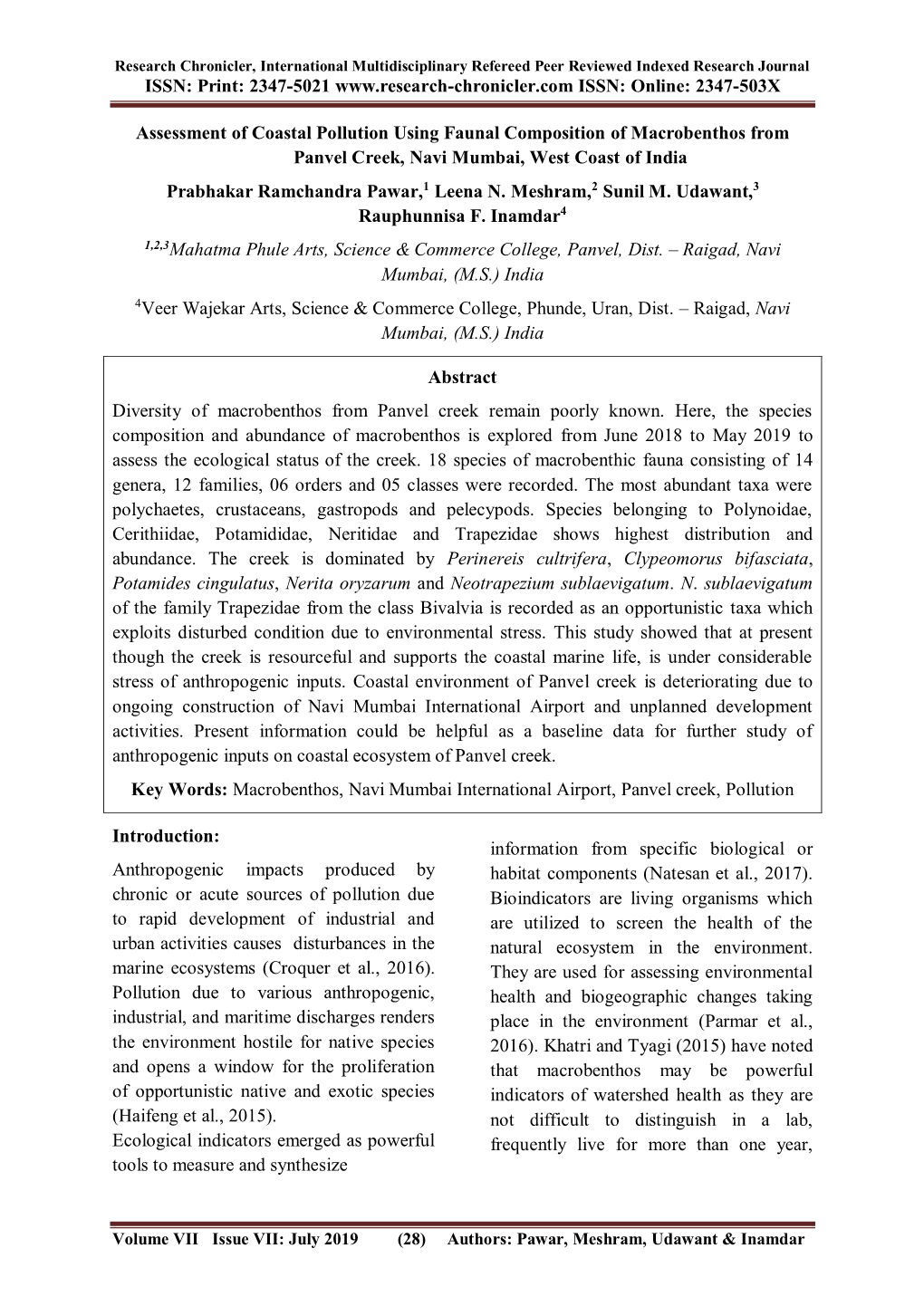 2347-503X Assessment of Coastal Pollution Using Faunal Composit