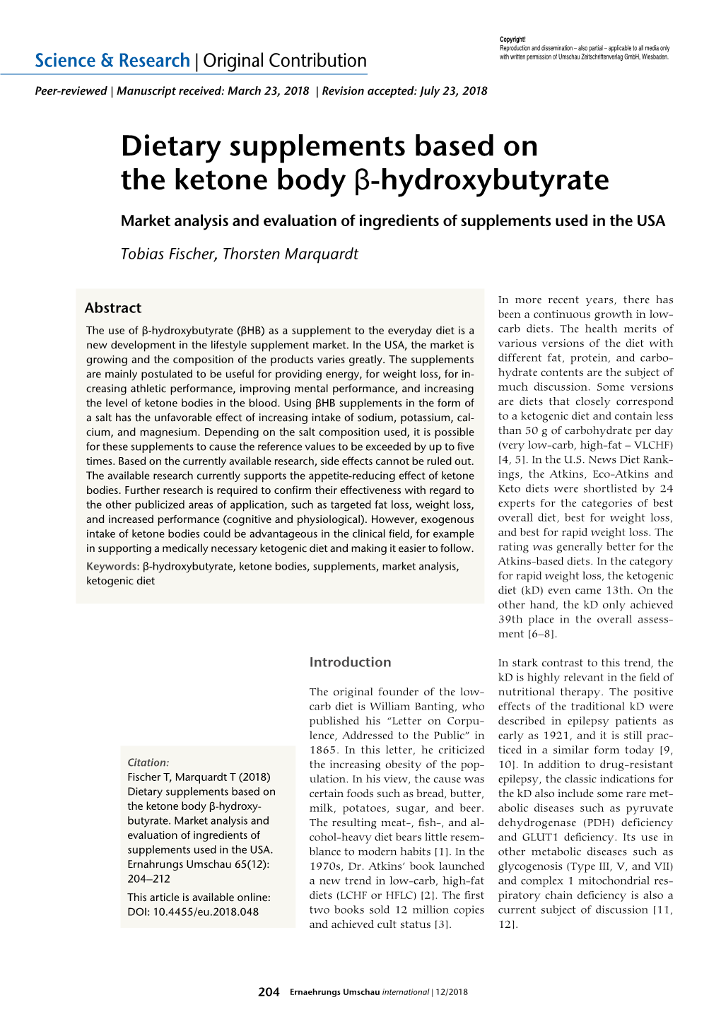 Dietary Supplements Based on the Ketone Body Β-Hydroxybutyrate Market Analysis and Evaluation of Ingredients of Supplements Used in the USA