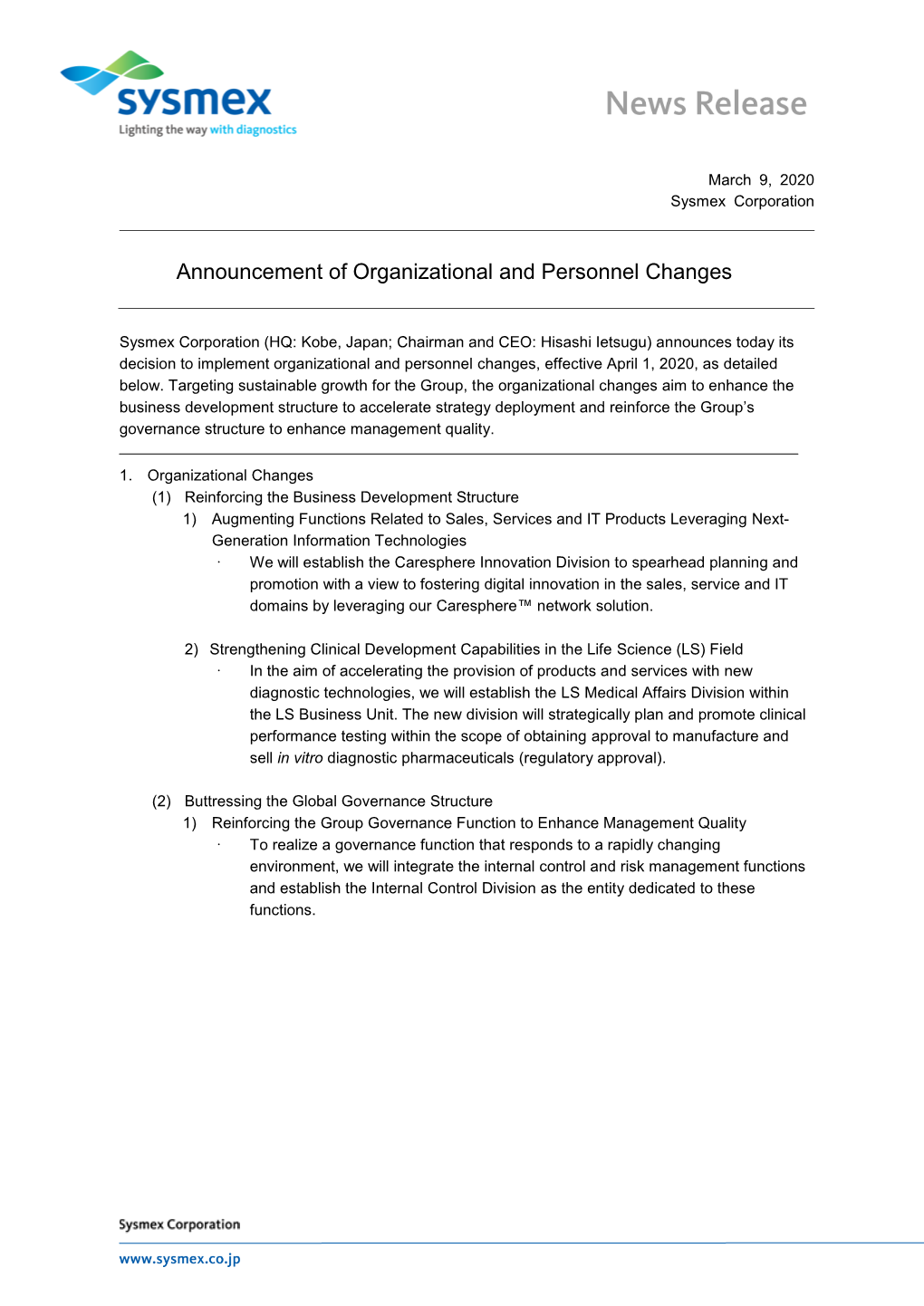 Announcement of Organizational and Personnel Changes