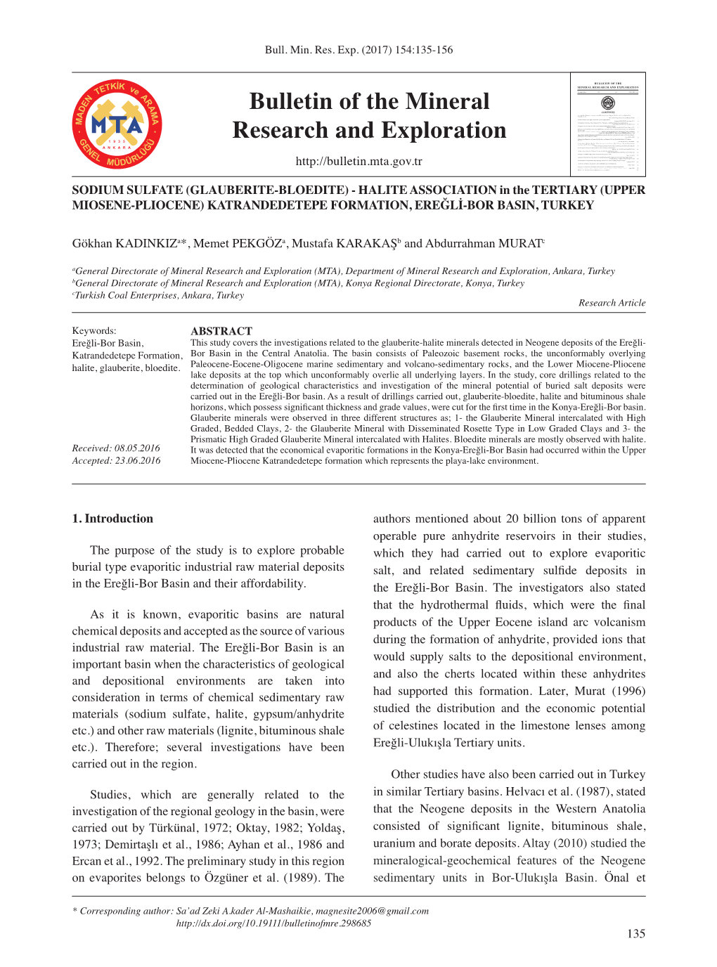 Bulletin of the Mineral Research and Exploration