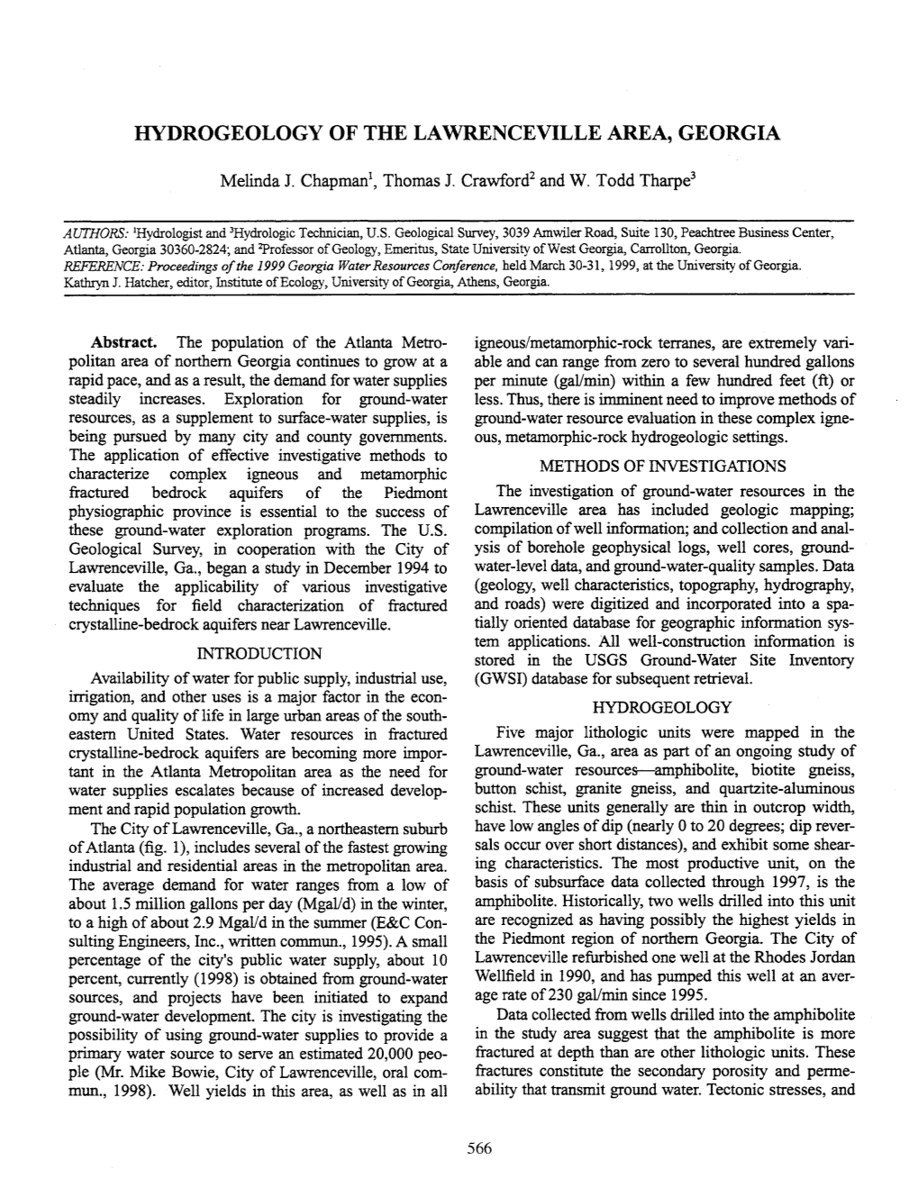 Hydrogeology of the Lawrenceville Area, Georgia