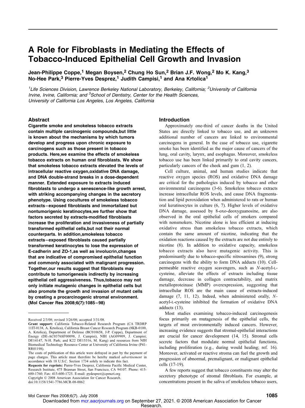 A Role for Fibroblasts in Mediating the Effects of Tobacco-Induced Epithelial Cell Growth and Invasion