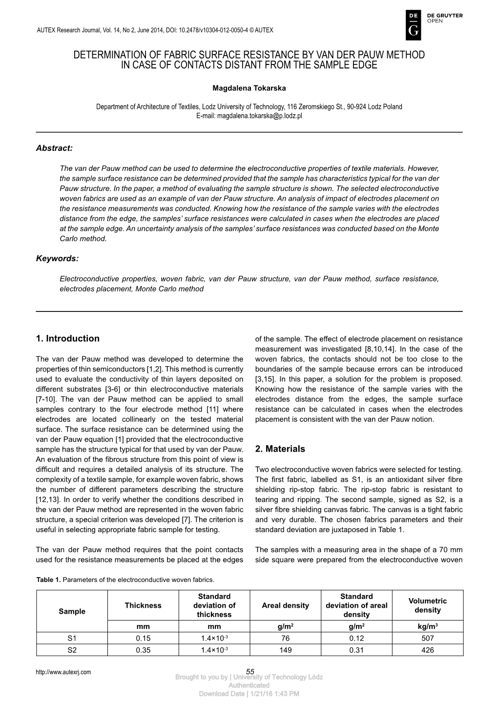 Determination of Fabric Surface Resistance by Van Der Pauw Method in Case of Contacts Distant from the Sample Edge