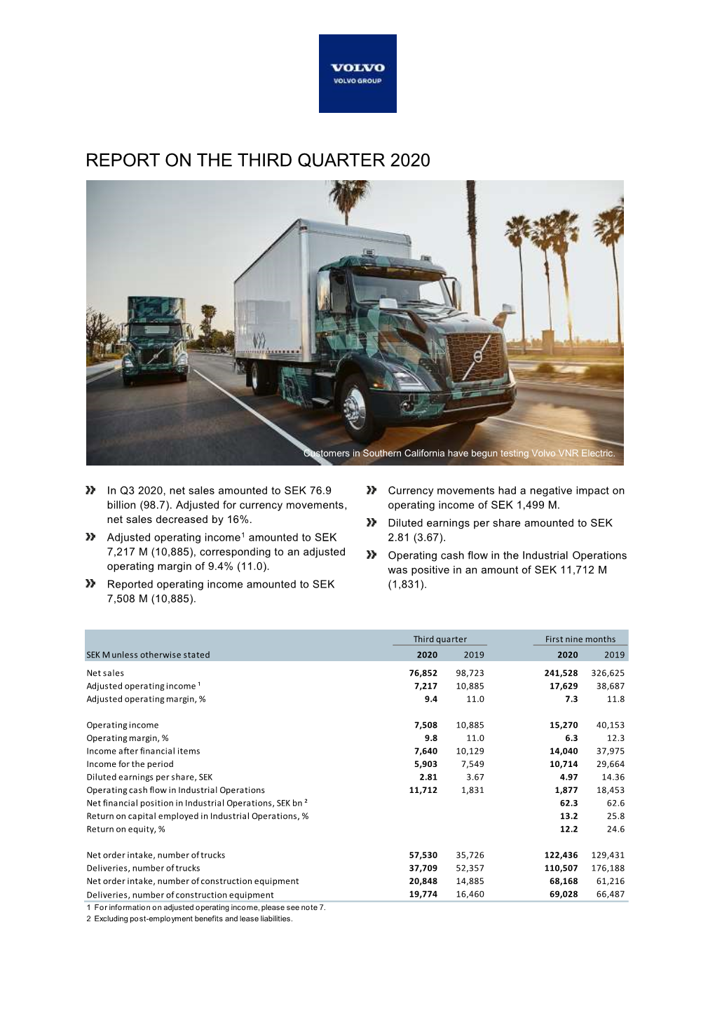 Volvo Group Report on the Third Quarter 2020