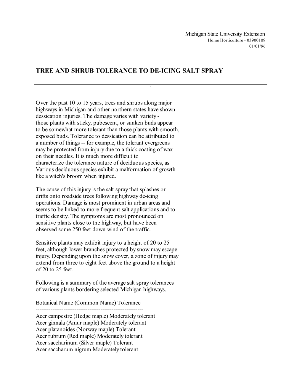 Tree and Shrub Tolerance to De-Icing Salt Spray