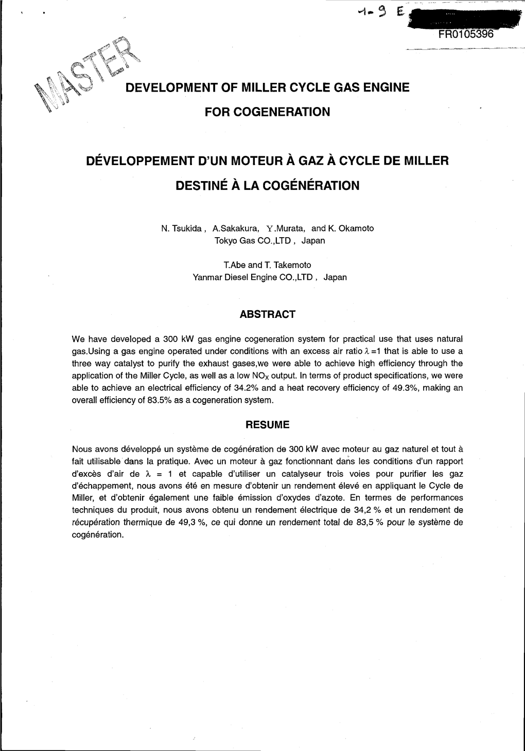 Development of Miller Cycle Gas Engine for Cogeneration