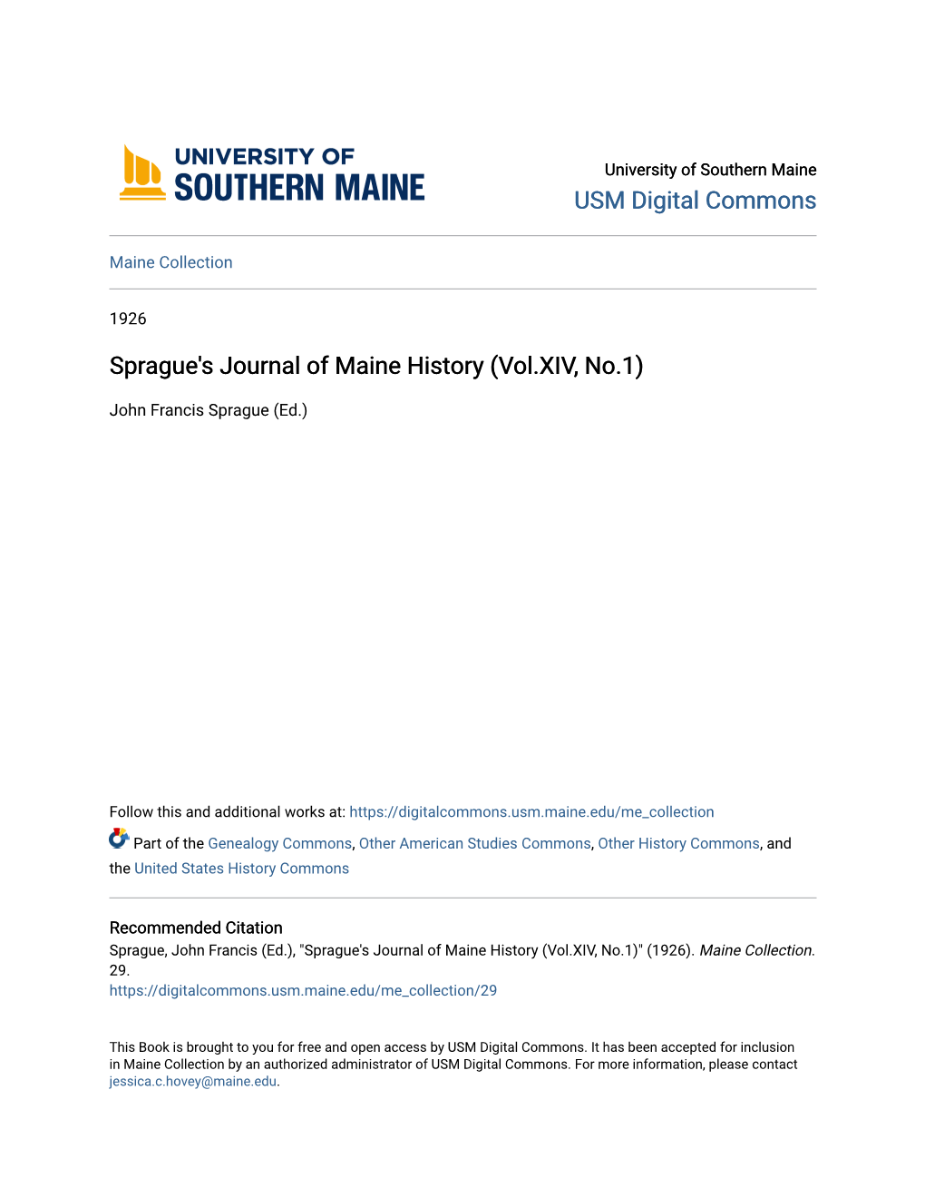 Sprague's Journal of Maine History (Vol.XIV, No.1)