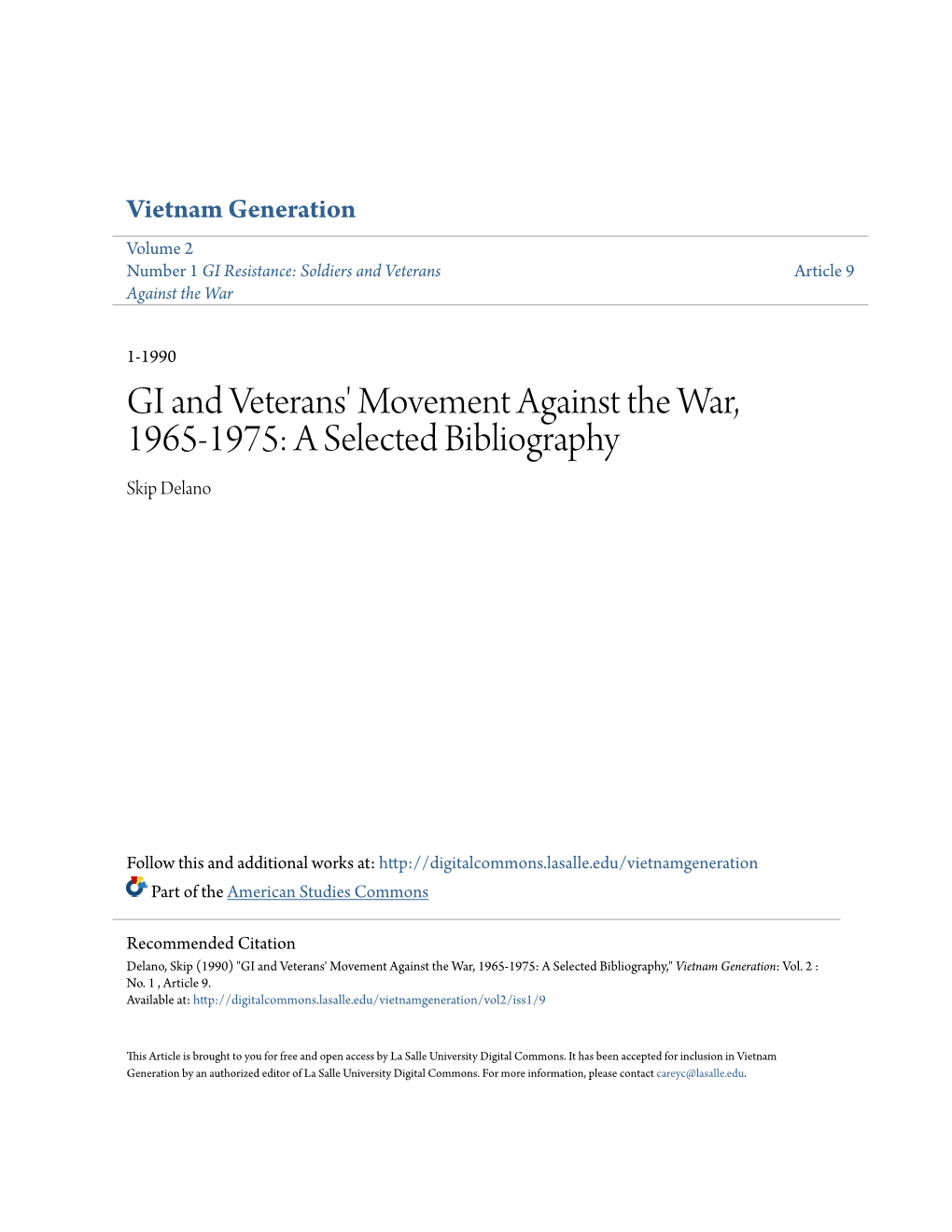 GI and Veterans' Movement Against the War, 1965-1975: a Selected Bibliography Skip Delano