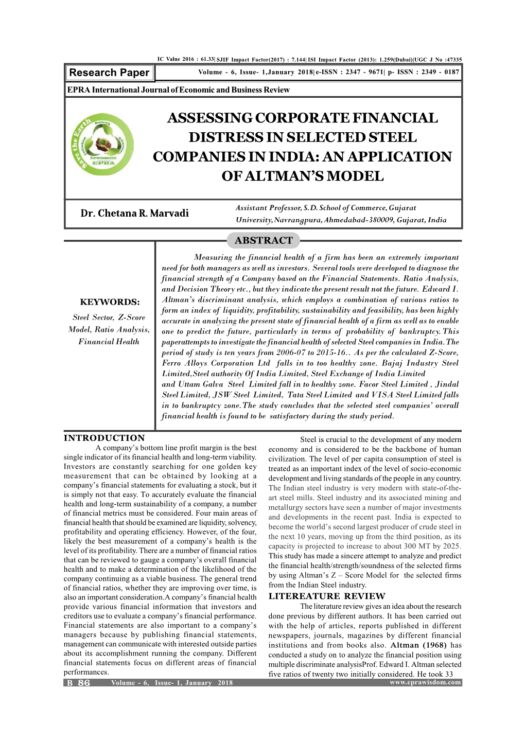 Assessing Corporate Financial Distress in Selected Steel Companies in India: an Application of Altman’S Model