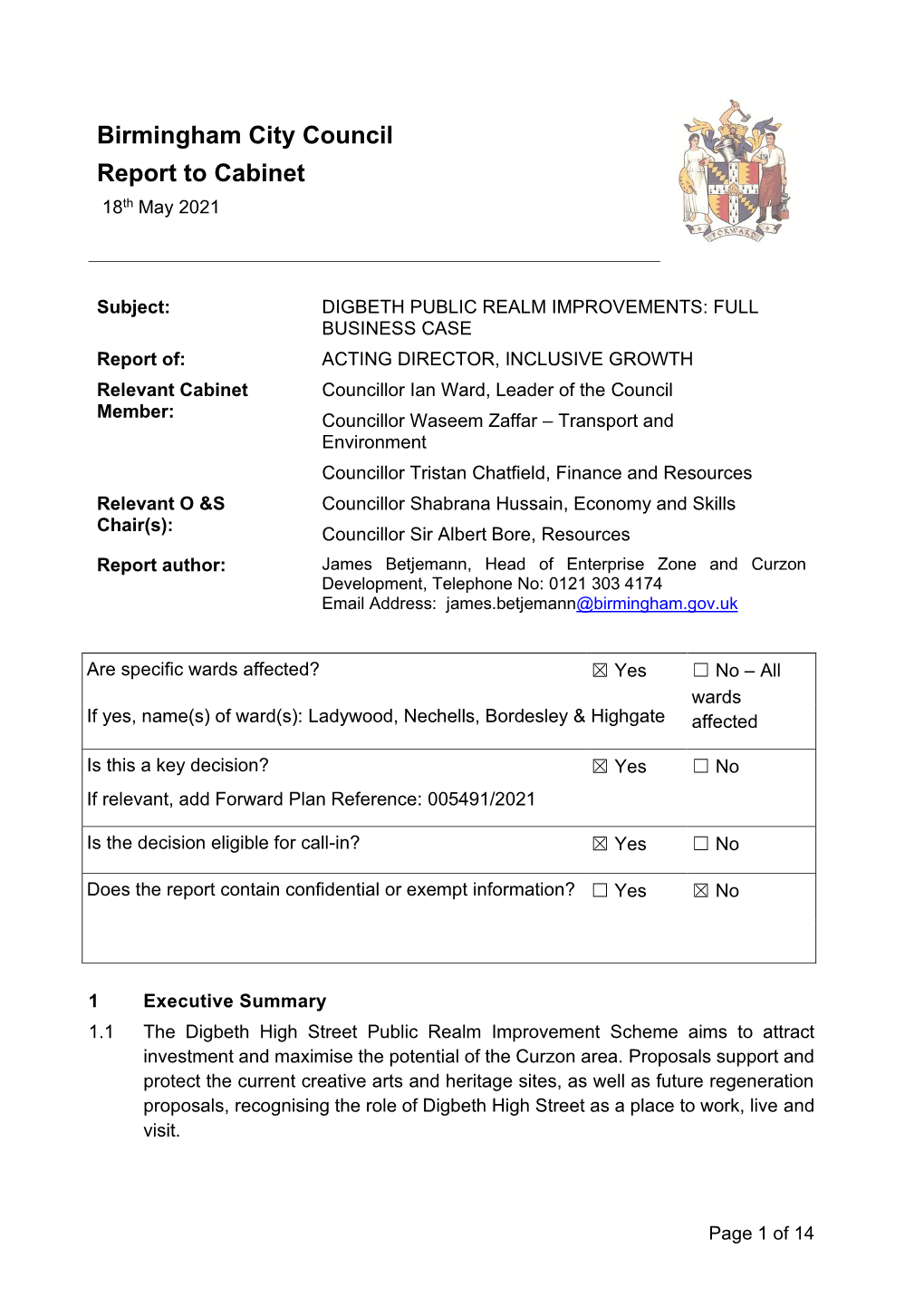 Birmingham City Council Report to Cabinet 18Th May 2021