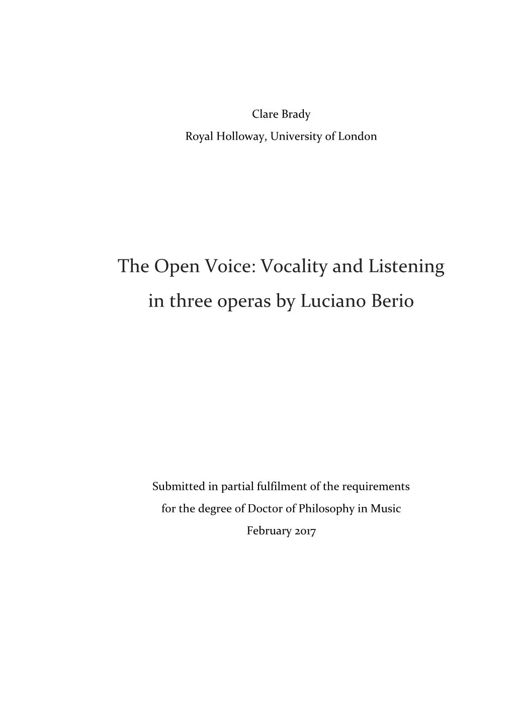 Vocality and Listening in Three Operas by Luciano Berio