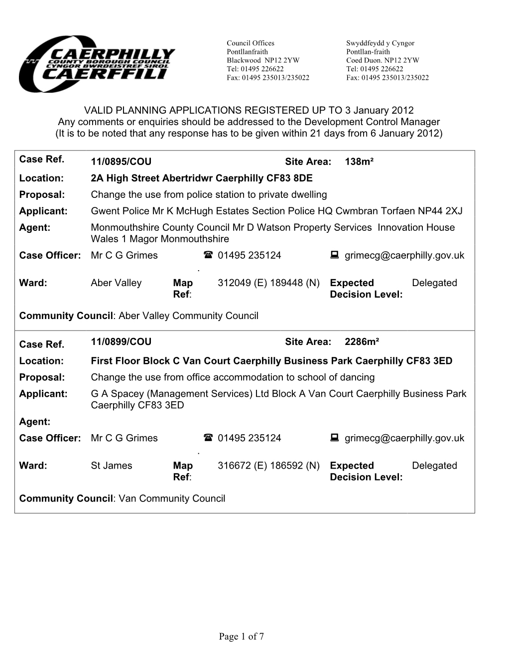 Page 1 of 7 VALID PLANNING APPLICATIONS REGISTERED UP