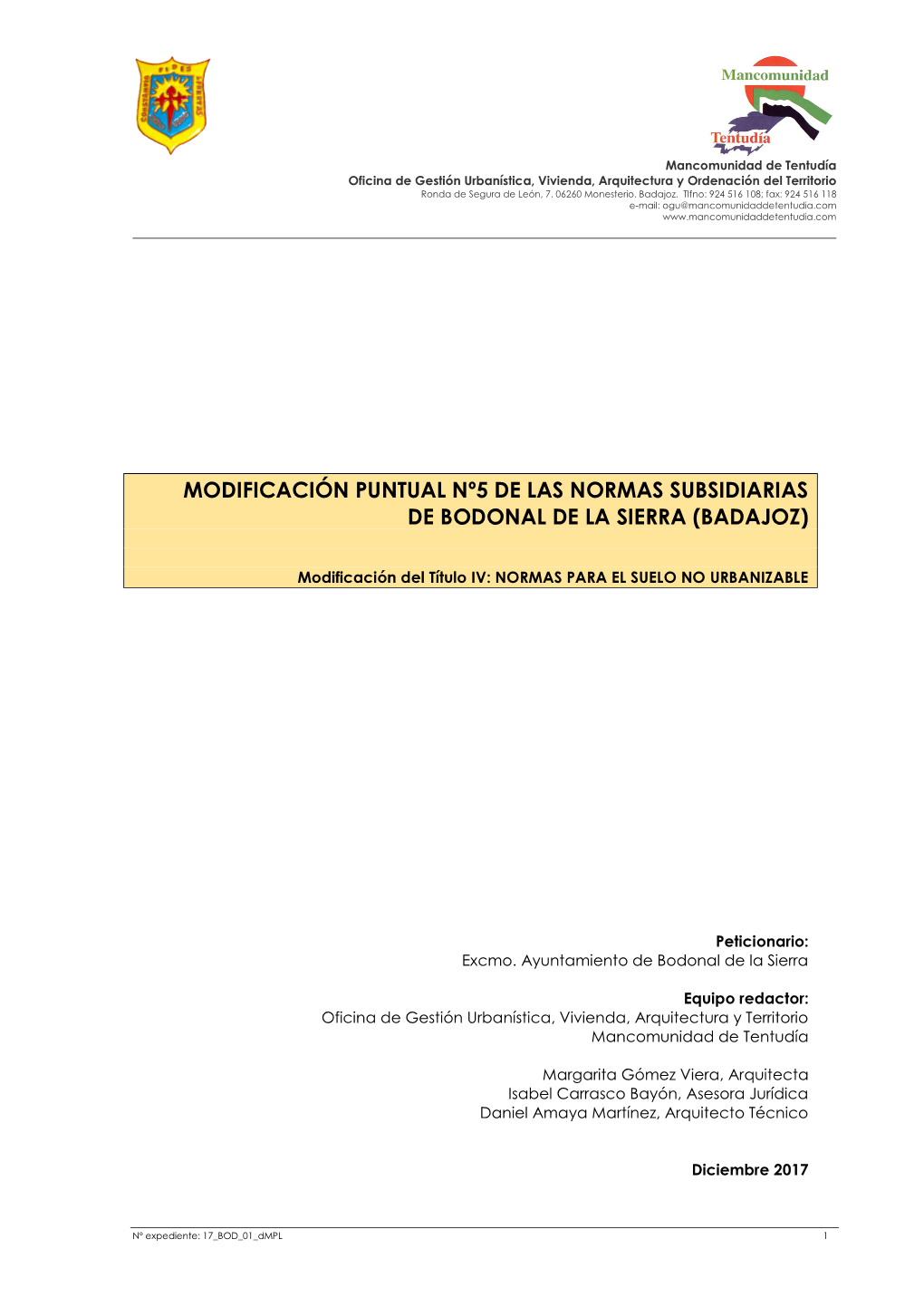 Modificación Puntual Nº5 De Las Normas Subsidiarias De Bodonal De La Sierra (Badajoz)