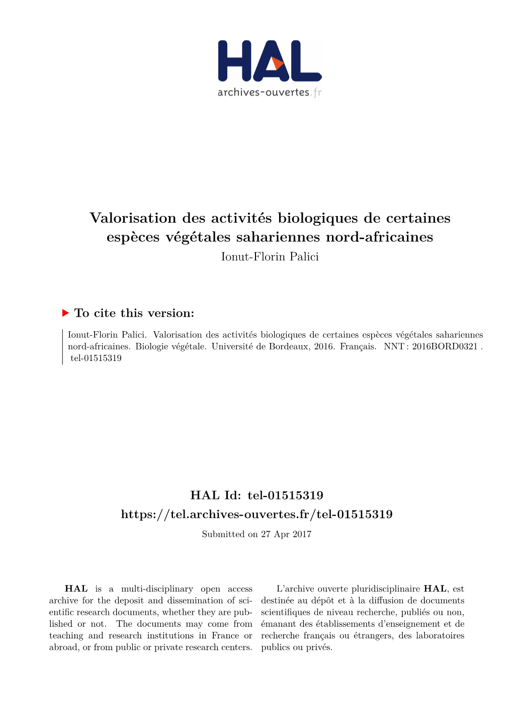 Valorisation Des Activités Biologiques De Certaines Espèces Végétales Sahariennes Nord-Africaines Ionut-Florin Palici