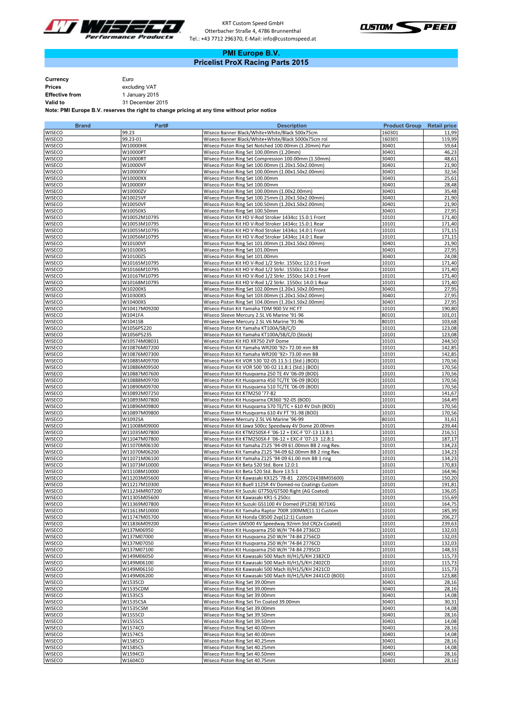 PMI Europe B.V. Pricelist Prox Racing Parts 2015