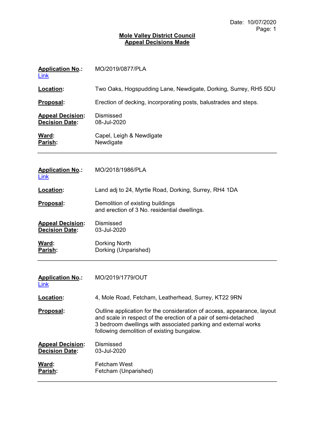 Date: 10/07/2020 Page: 1 Mole Valley District Council Appeal Decisions Made