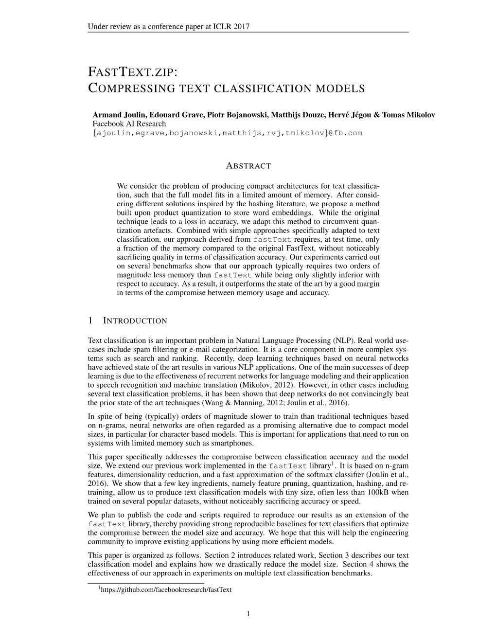 Fasttext.Zip: Compressing Text Classification Models